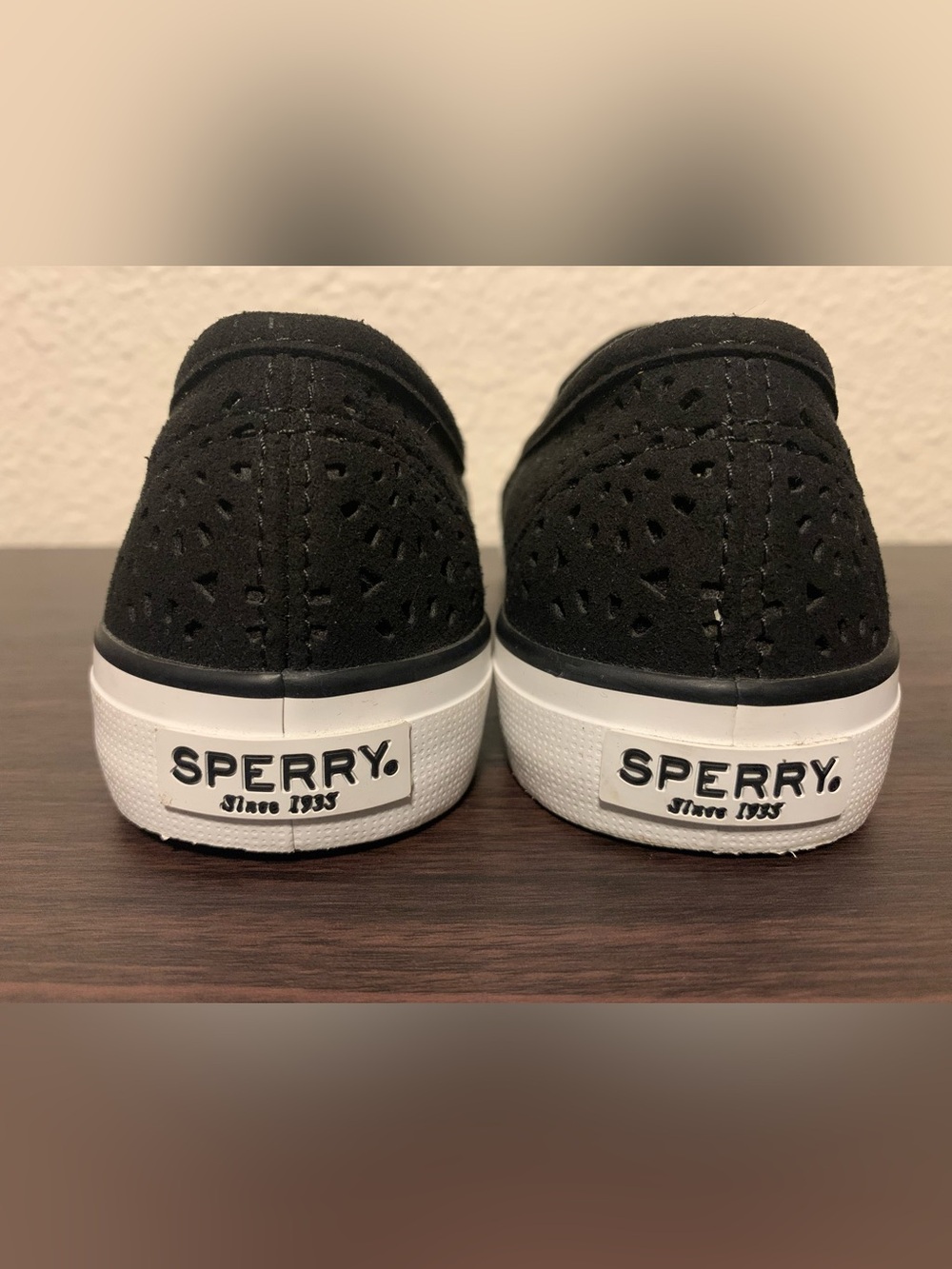 Sperry Black Perforated Suede Slip-On Boat Shoes